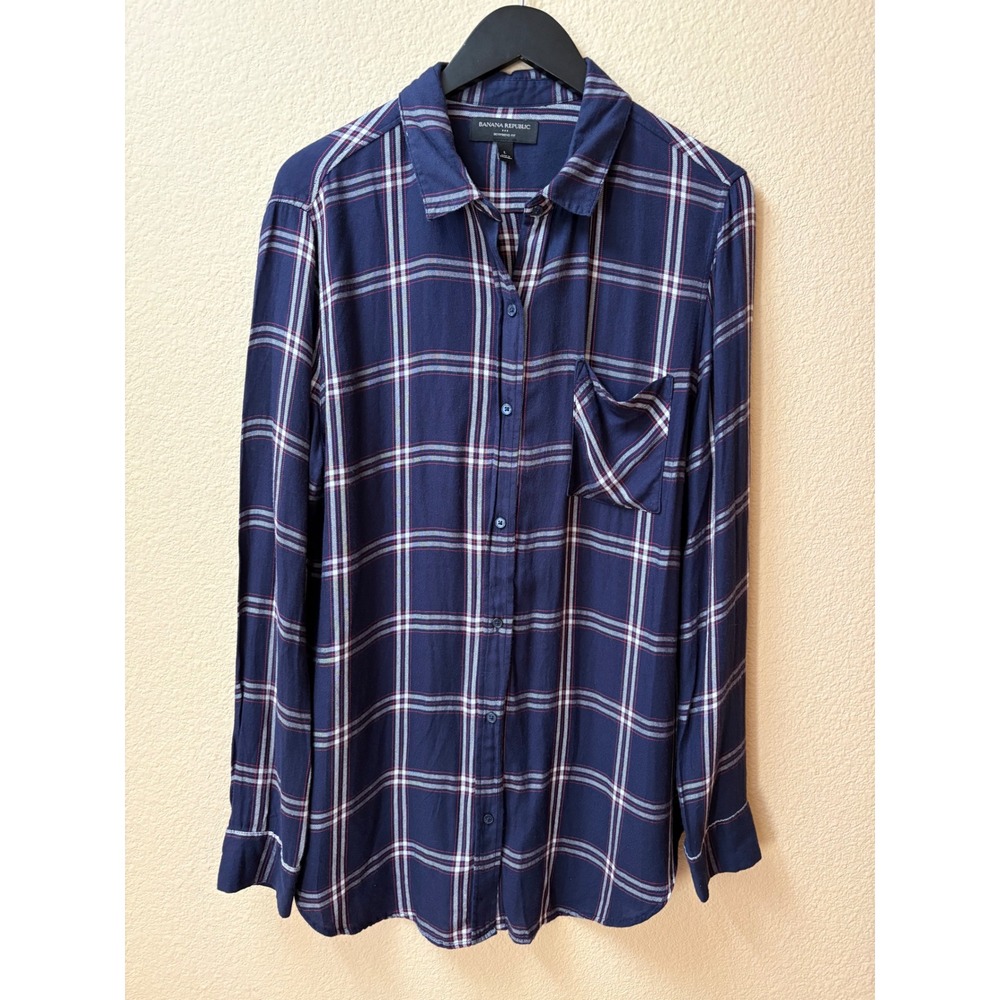 Banana Republic Womens Navy Blue Plaid Boyfriend Fit Rayon Button Down Shirt L